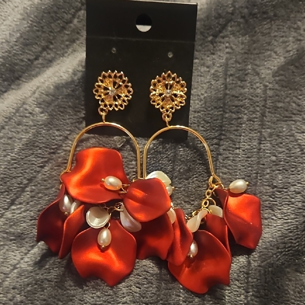 Gold Hoop Red Satin Petal Drop Earrings with Pearl Accents